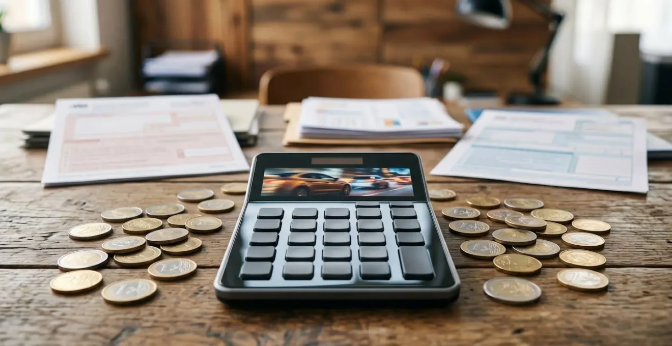 Une calculatrice moderne avec des reflets de voitures sportives colorées sur son écran sombre