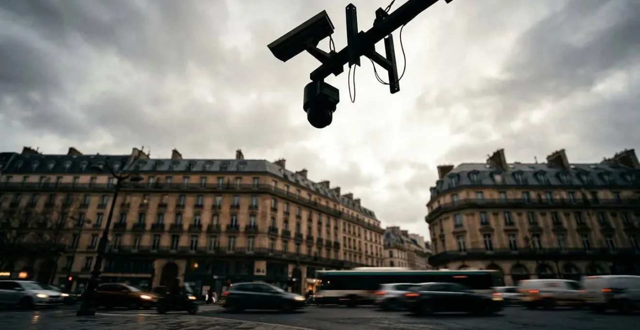 Caméra de surveillance urbaine dans un environnement de rue française en contre-jour
