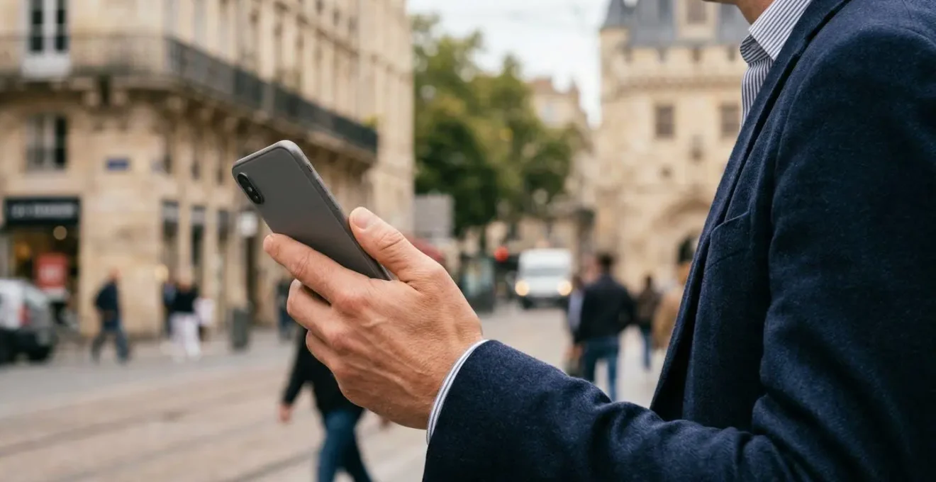 Main tenant un smartphone montrant une carte numérique de pass ZFE dans un contexte urbain