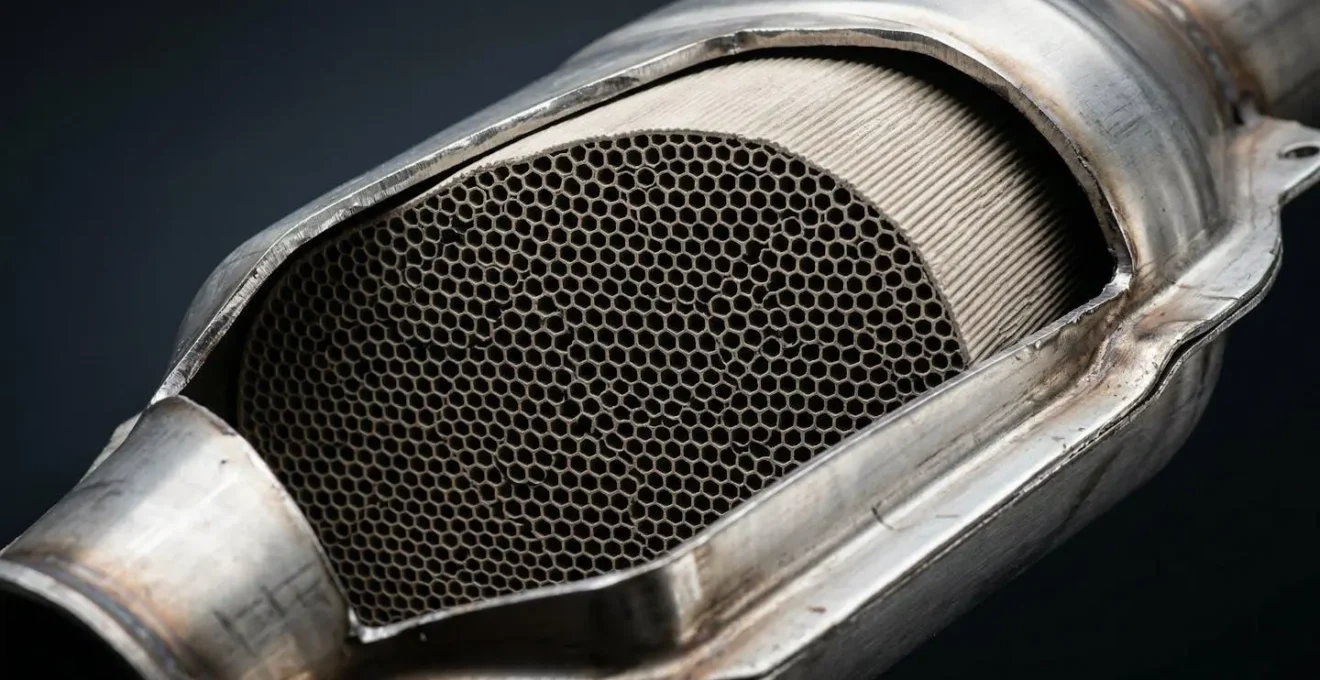 Coupe d'un catalyseur automobile montrant la structure interne en nid d'abeille