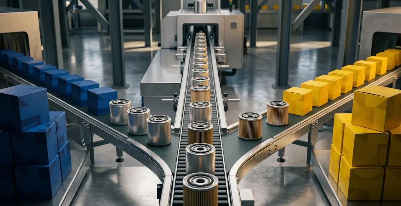 Chaîne de production montrant le parcours d'un filtre de l'usine équipementier vers différents emballages