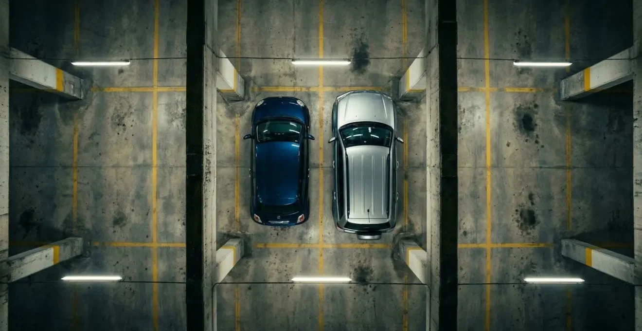 Vue aérienne comparative d'une citadine et d'un SUV compact dans un parking souterrain étroit