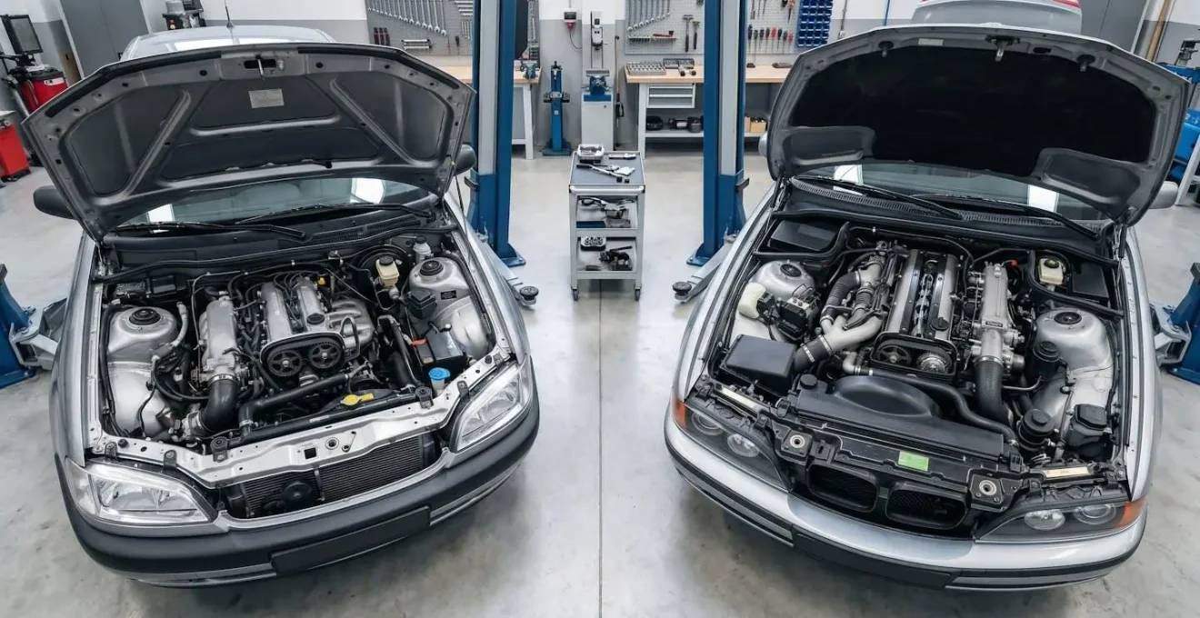 Comparaison entre un moteur transversal et longitudinal montrant l'accès à la distribution