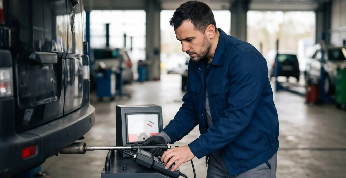 Contrôleur technique mesurant l'opacité des fumées d'un véhicule diesel