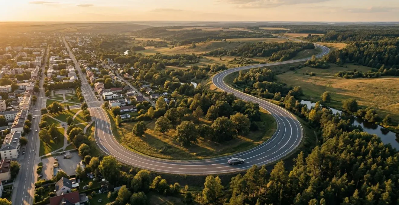 Vue aérienne d'une voiture parcourant différents environnements routiers