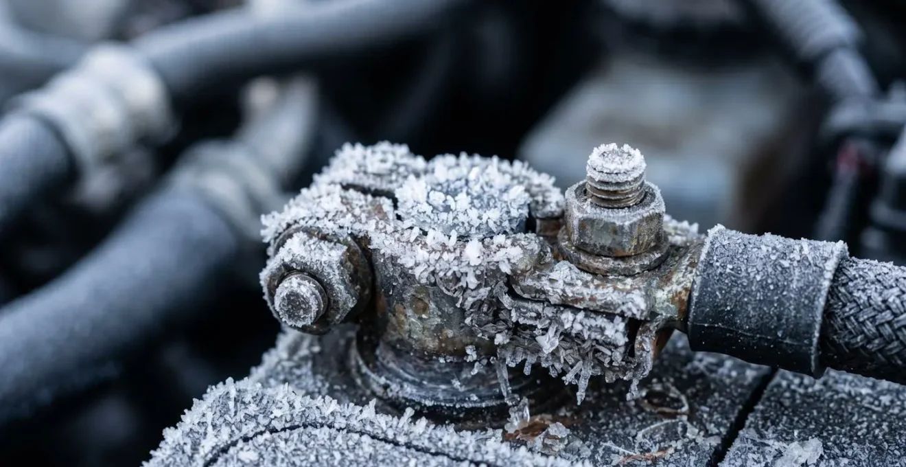 Détail macro d'une batterie de voiture avec givre et condensation hivernale