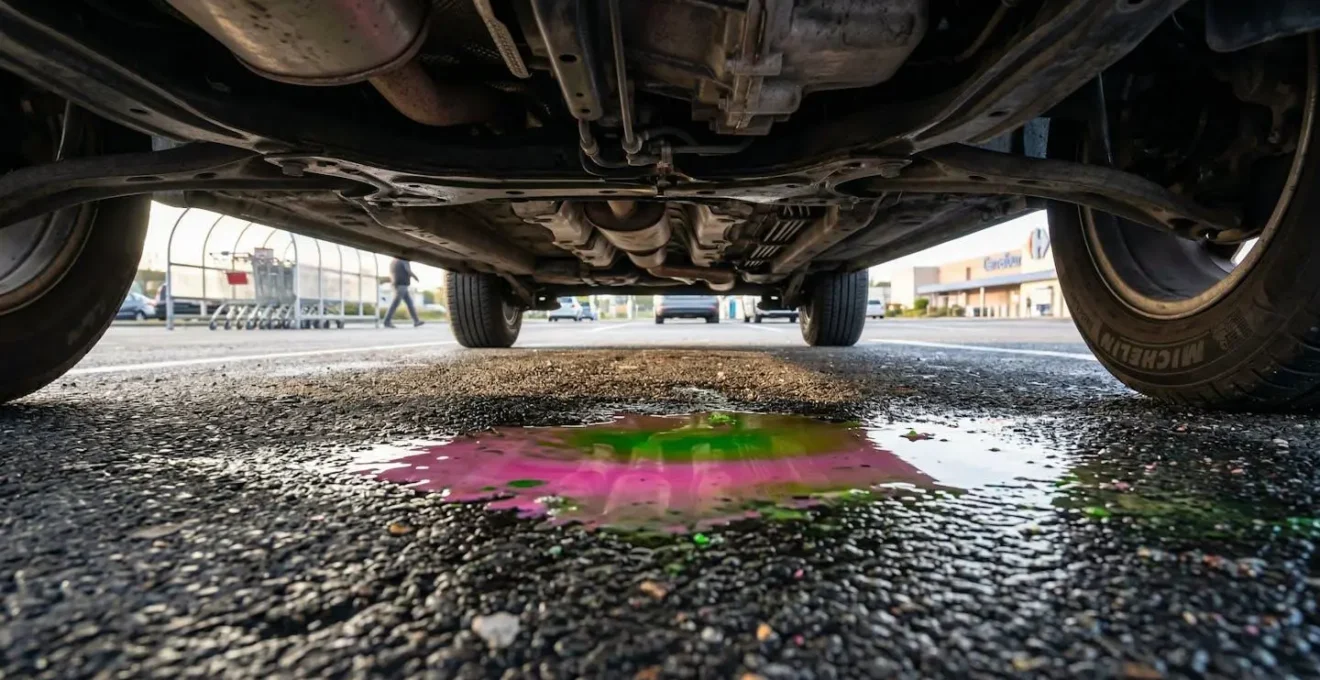 Vue sous une voiture montrant une flaque de liquide de refroidissement coloré sur le sol du parking