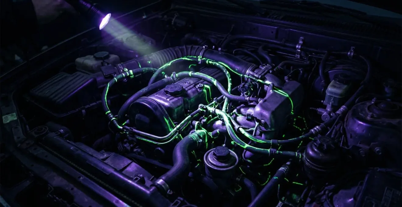 Détection de fuite avec lampe UV montrant des traces fluorescentes dans un compartiment moteur