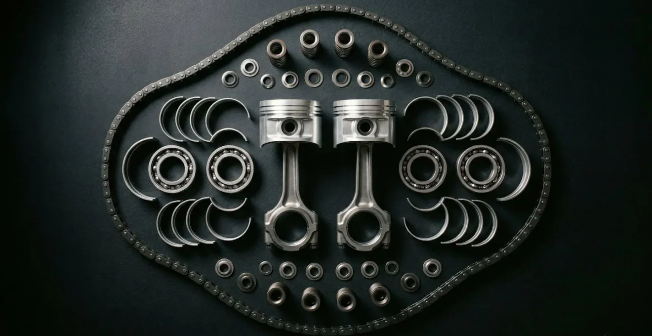 Composition symbolique de pièces moteur arrangées pour créer une métaphore visuelle