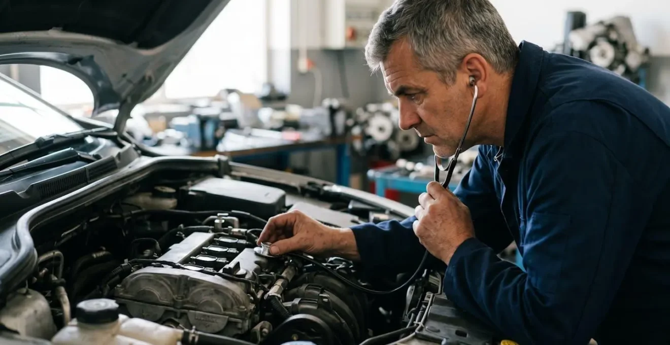 Mécanicien effectuant un diagnostic sonore sur un moteur avec stéthoscope automobile