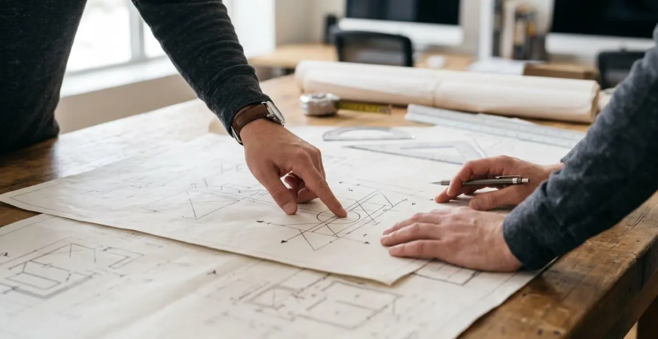 Mains d'un technicien consultant des documents techniques sur une table de travail