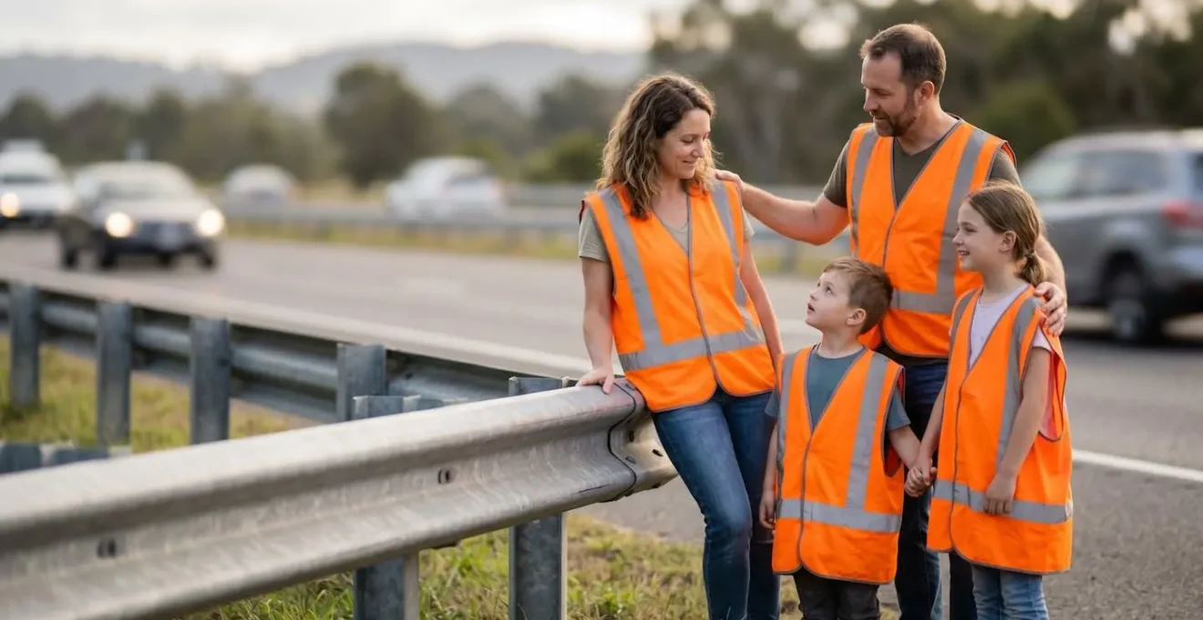 Famille en sécurité derrière une glissière de sécurité sur autoroute, vue de loin