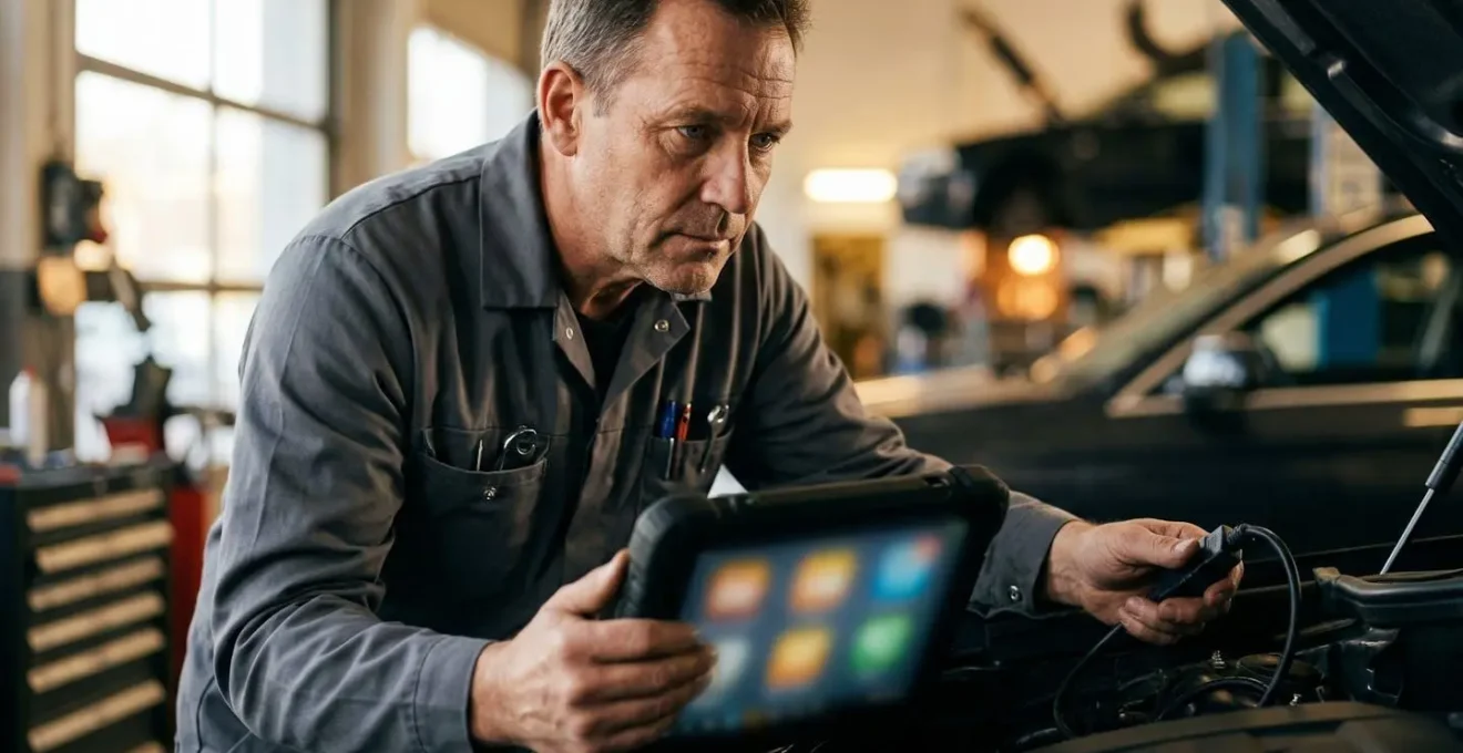 Mécanicien utilisant un outil de diagnostic électronique professionnel sur un véhicule moderne