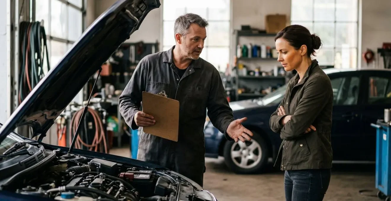 Discussion professionnelle entre un client et un mécanicien devant un tableau de bord de voiture ouvert