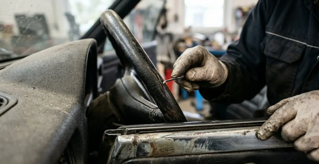 Expert automobile inspectant minutieusement l'intérieur d'un véhicule d'occasion avec outils professionnels