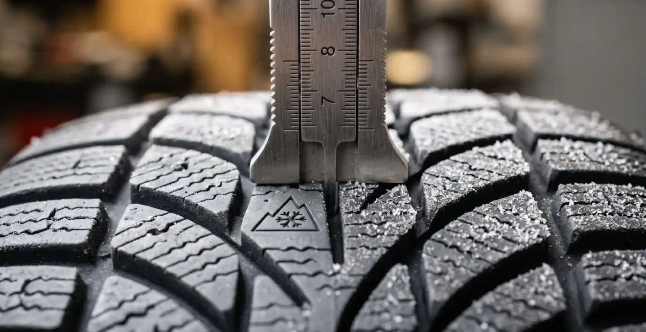 Gros plan sur l'inspection des pneus hiver avec jauge de profondeur sur une voiture