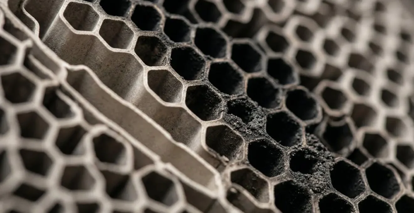 Vue macro d'un filtre à particules diesel encrassé montrant les alvéoles obstruées