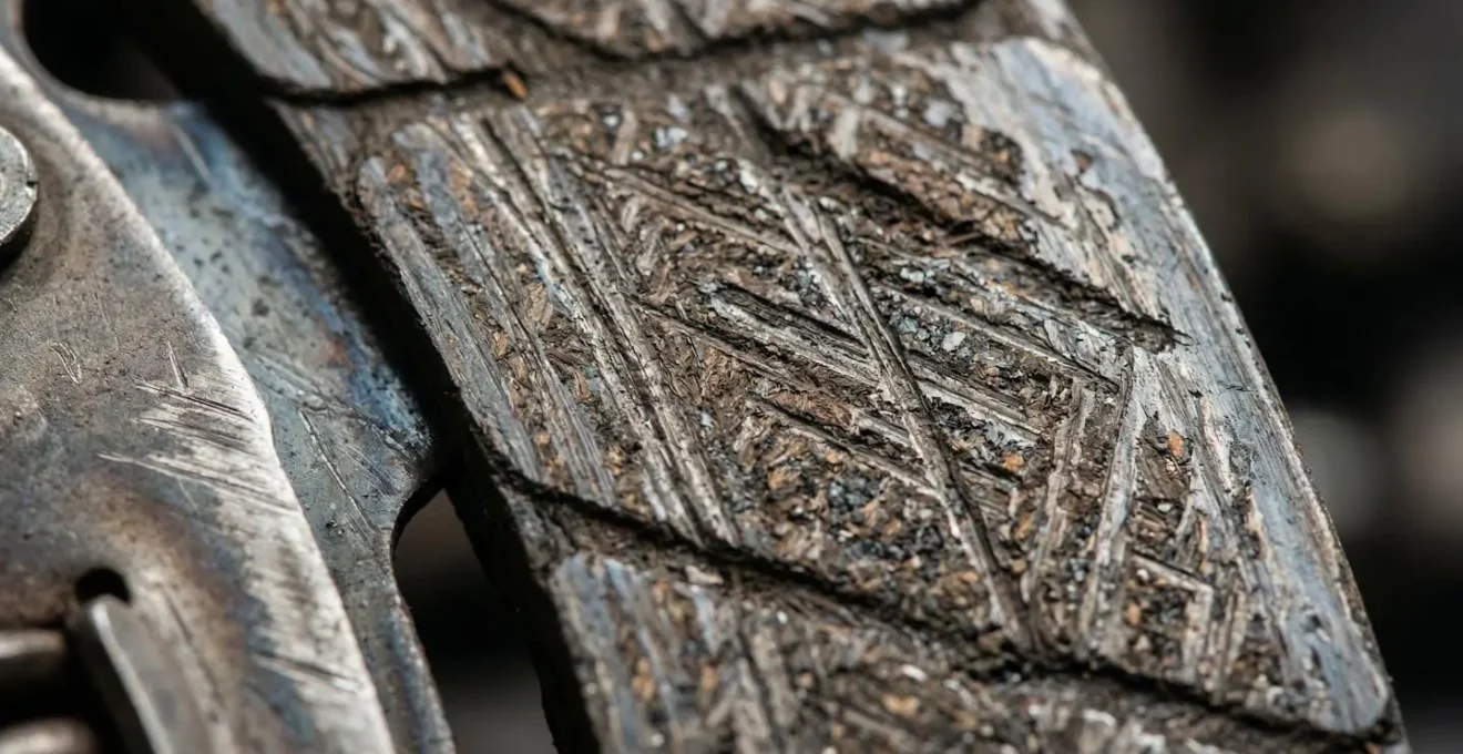 Vue macro détaillée d'un disque d'embrayage montrant les rainures d'usure et la texture métallique