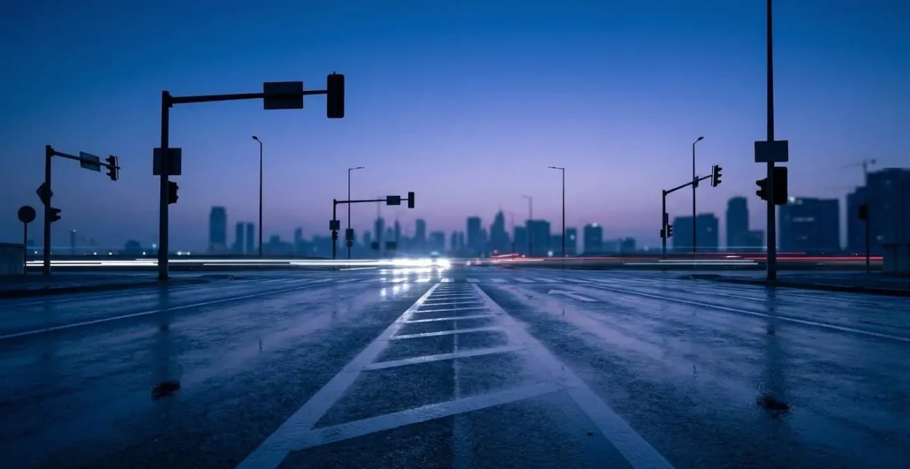 Vue large d'une avenue urbaine avec infrastructure de contrôle routier en arrière-plan