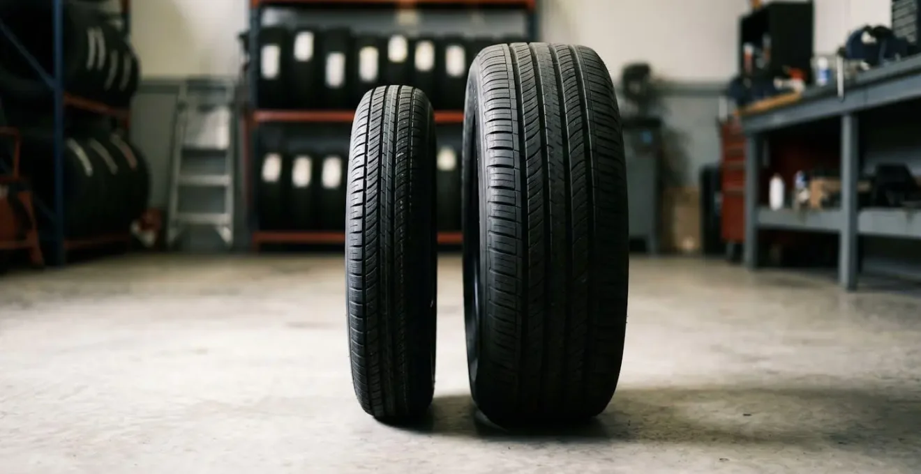 Roue galette de secours posée à côté d'un pneu normal montrant la différence de taille