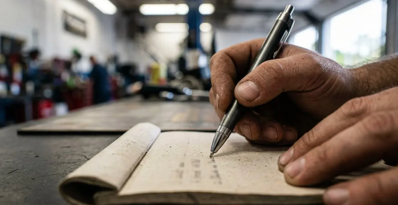 Gros plan sur des mains signant un document sur un comptoir de garage automobile