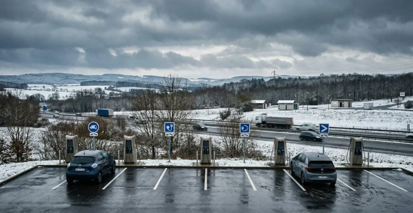 Station de recharge sur une aire d'autoroute française en conditions hivernales
