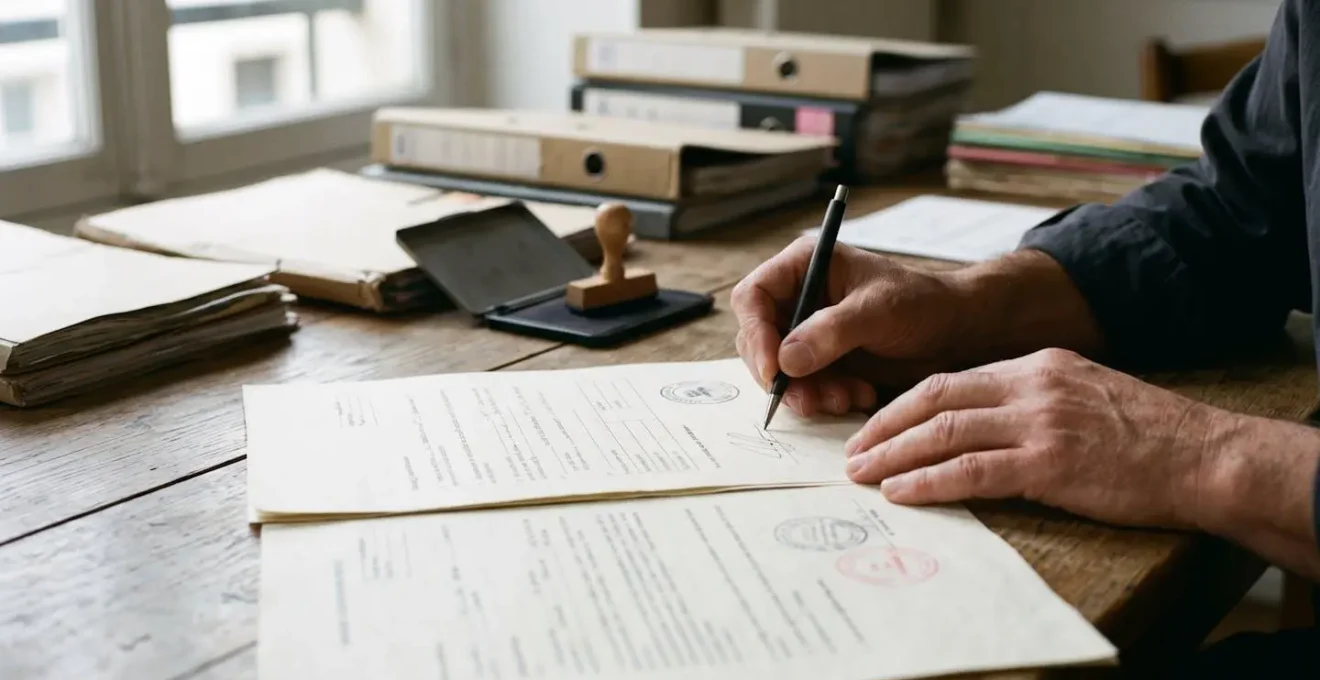 Mains signant des documents administratifs sur une table en bois avec stylo et tampon officiel