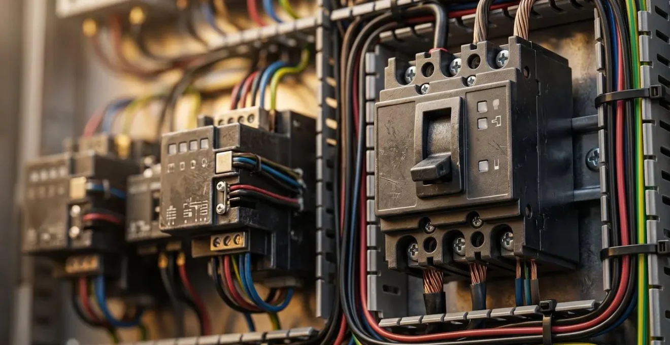 Gros plan sur un tableau électrique moderne avec système de gestion de charge intelligent