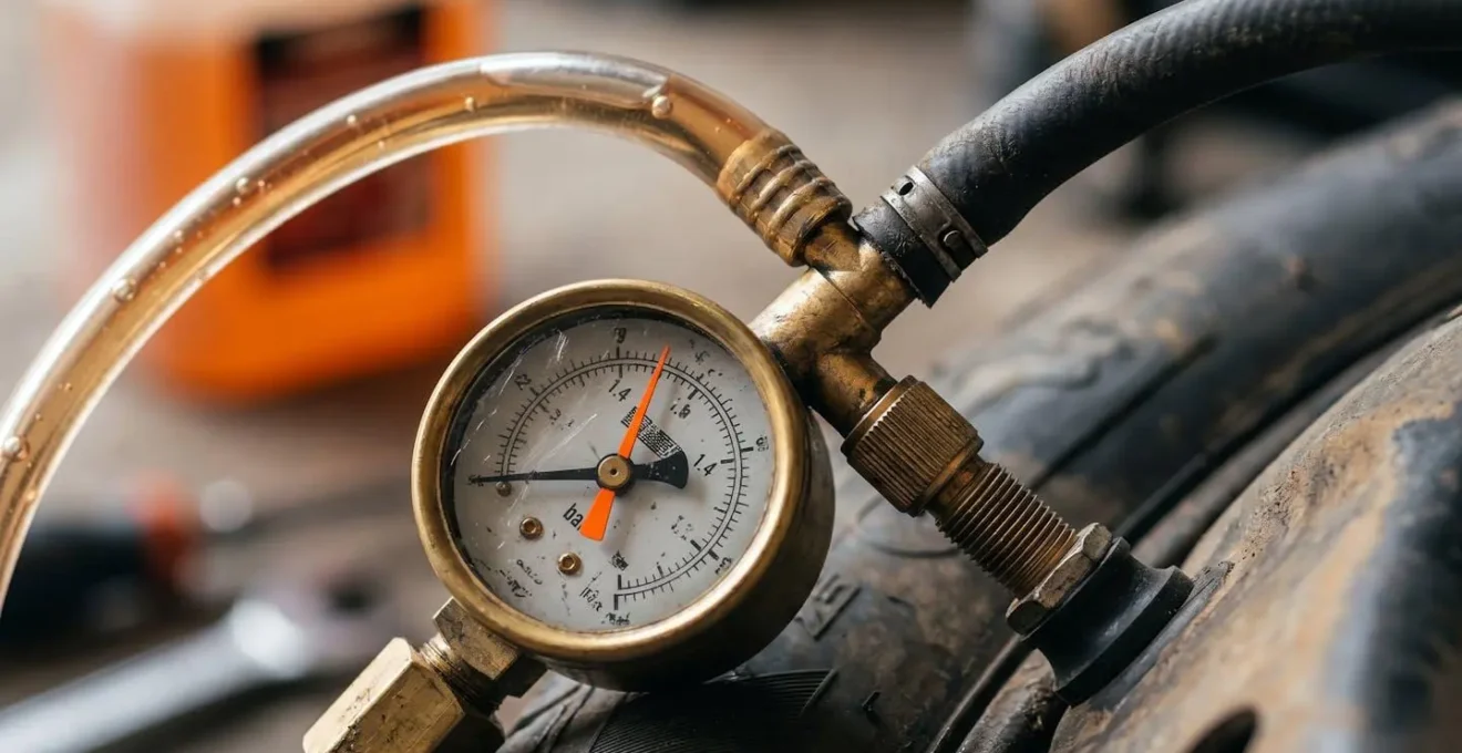 Kit de purge sous pression connecté à une roue de secours avec manomètre visible