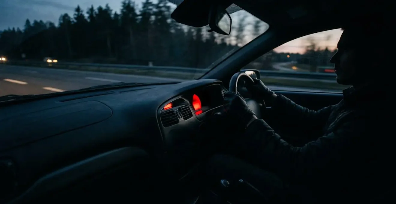 Vue intérieure du tableau de bord d'une voiture avec voyant batterie rouge illuminé dans l'obscurité