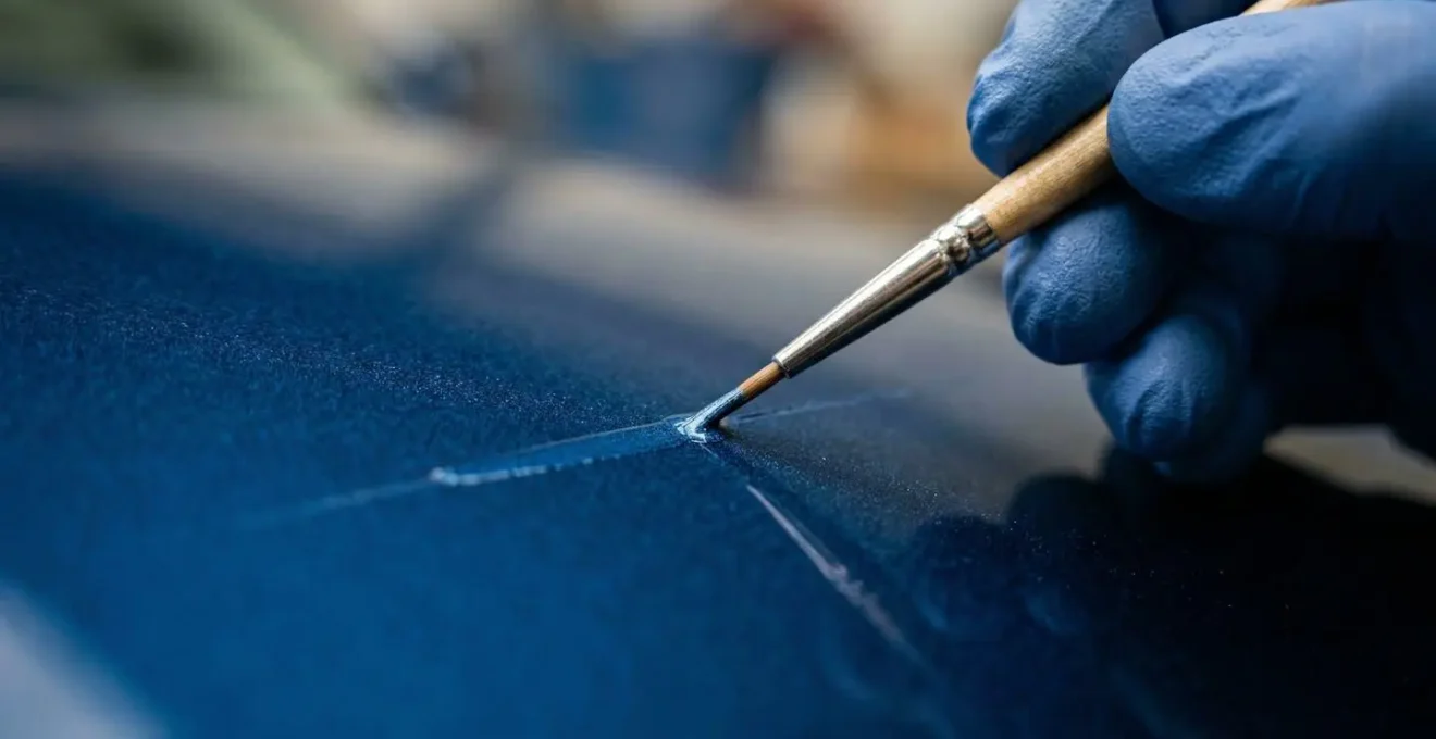 Gros plan sur une application précise de peinture avec micro-brosse sur carrosserie