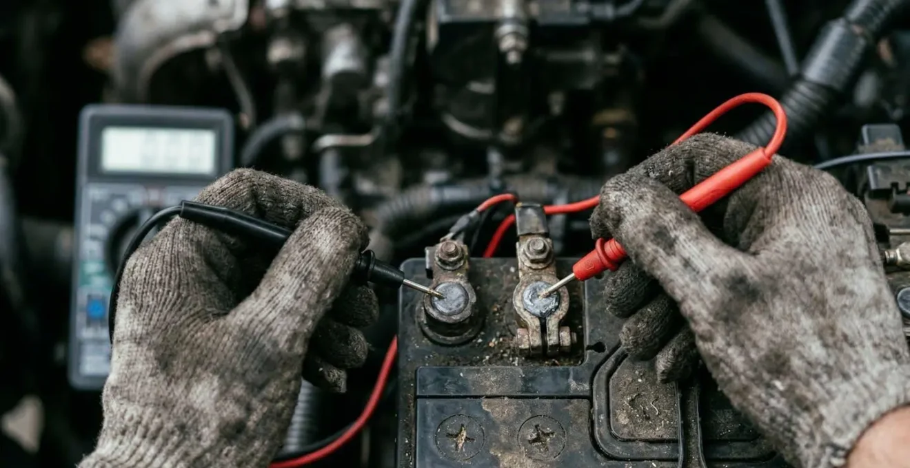 Gros plan sur les mains d'un mécanicien utilisant un multimètre sur les bornes d'une batterie de voiture