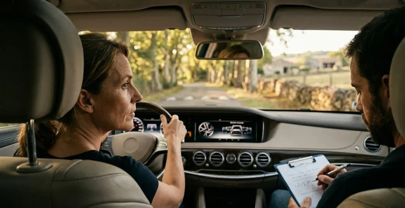 Essai automobile sur une route départementale française avec test de suspension sur dos d'âne