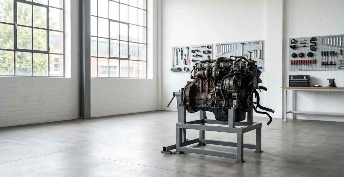 Vue environnementale minimaliste d'un garage moderne avec moteur diesel en maintenance