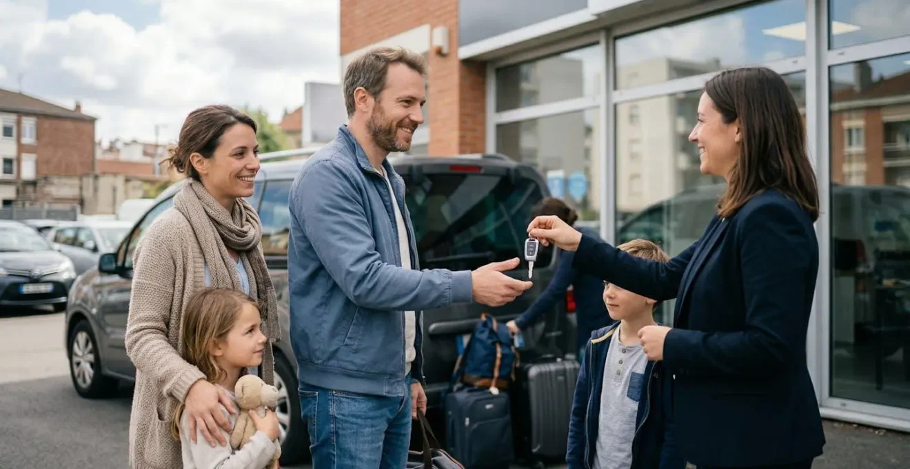 Famille française devant agence de location avec monospace de remplacement et documents
