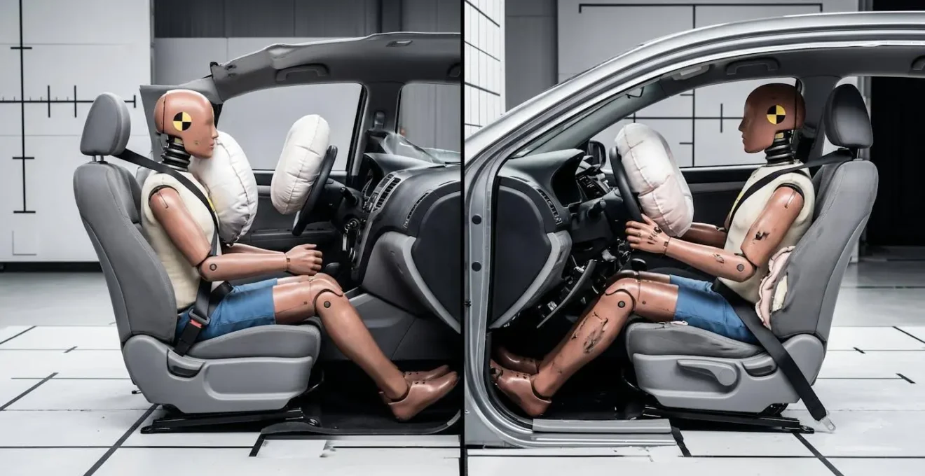 Comparaison visuelle d'un crash test montrant la déformation d'un véhicule après impact à différentes vitesses