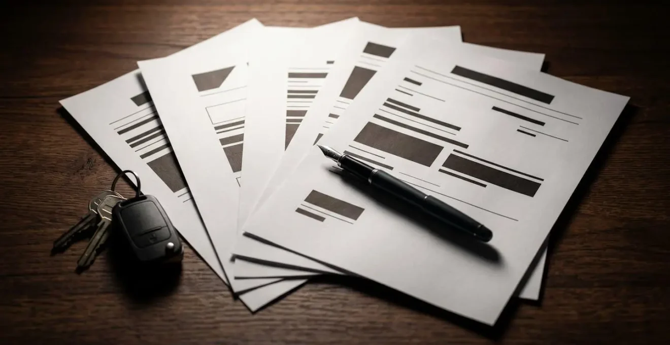 Documents juridiques et stylo posés sur un bureau avec clés de voiture