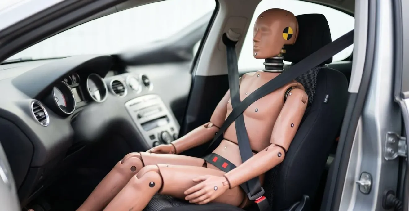 Vue de l'intérieur d'un véhicule montrant la position correcte de la ceinture de sécurité sur un mannequin