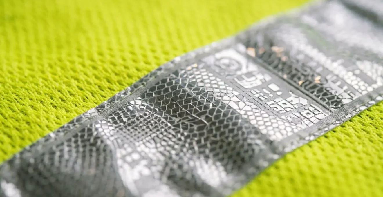 Gros plan sur l'étiquette d'un gilet de sécurité montrant le marquage CE et la norme EN ISO 20471