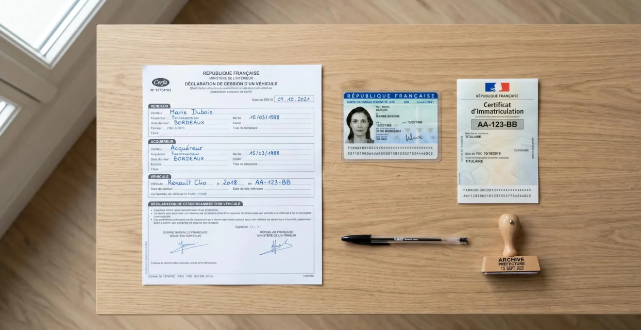 Documents administratifs français disposés sur bureau : carte grise, pièce d'identité et formulaire de déclaration de cession pour recyclage véhicule