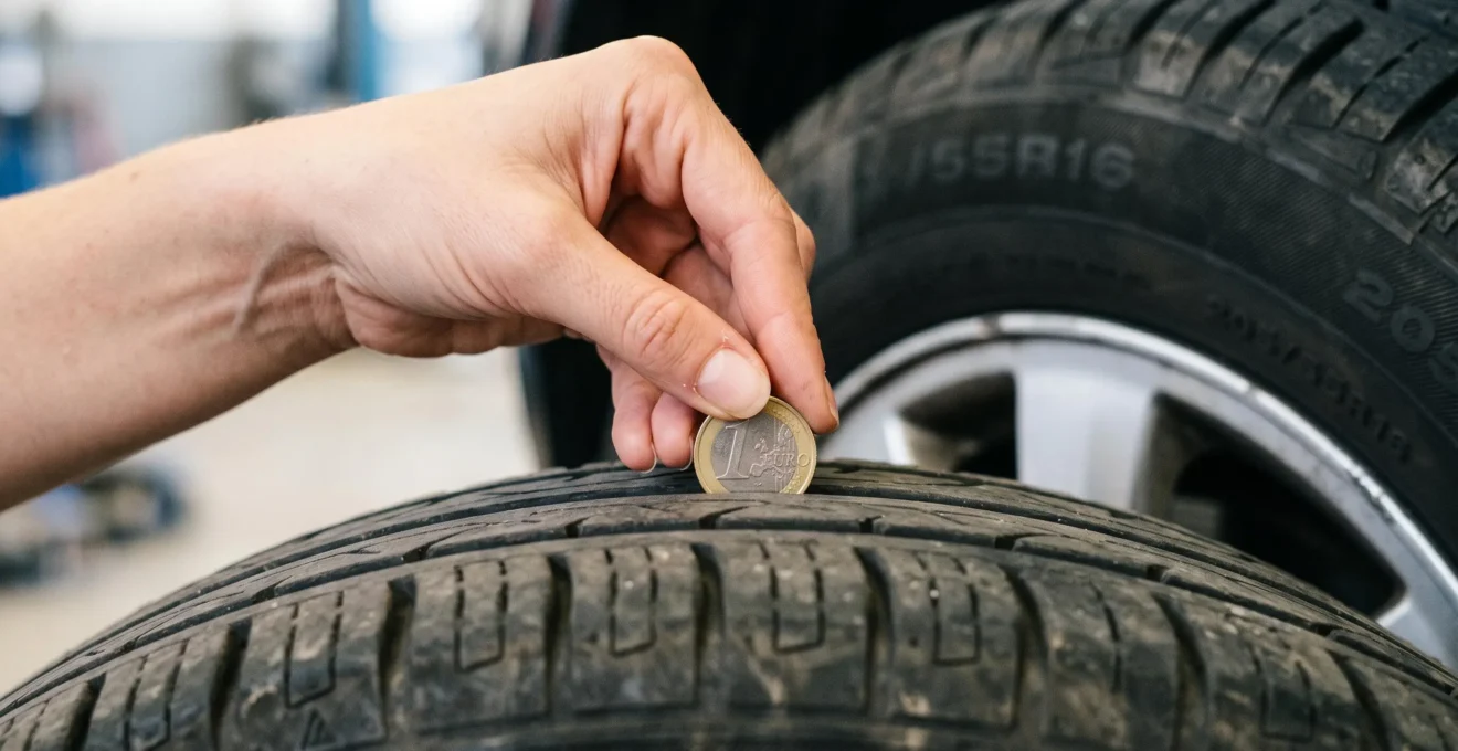 Main féminine insérant verticalement une pièce de 1 euro dans la rainure centrale d'un pneu automobile pour vérifier visuellement la profondeur des sculptures restantes