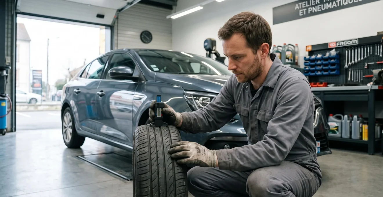 Technicien automobile accroupi inspectant avec une jauge de profondeur la bande de roulement d'un pneu avant d'un véhicule tourisme dans un atelier mécanique professionnel français