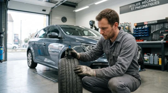 Technicien automobile accroupi inspectant avec une jauge de profondeur la bande de roulement d'un pneu avant d'un véhicule tourisme dans un atelier mécanique professionnel français