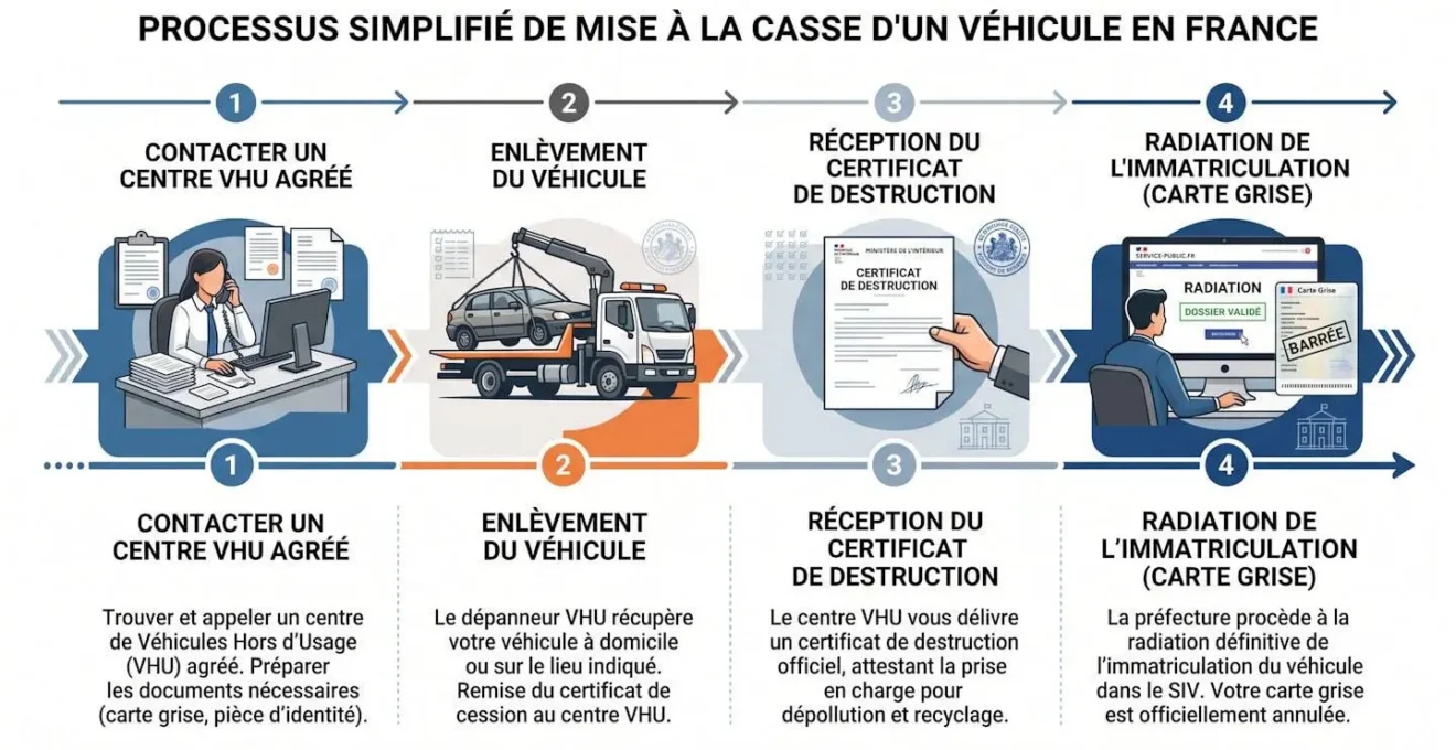 Timeline horizontale en 4 étapes : contact centre VHU, enlèvement véhicule, réception certificat de destruction, radiation carte grise en ligne